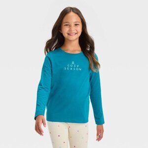 Girls' Long Sleeve 'Cozy Season' Graphic T-Shirt - Cat & Jack™ Teal Blue Size M